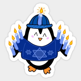 Cute Hanukkah Penguin Dressed as a Menorah on a Periwinkle Backdrop, made by EndlessEmporium Sticker